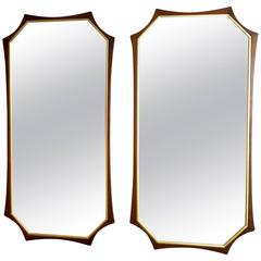 Pair of Sculptural Mid-Century Modern Walnut and Brass Mirrors