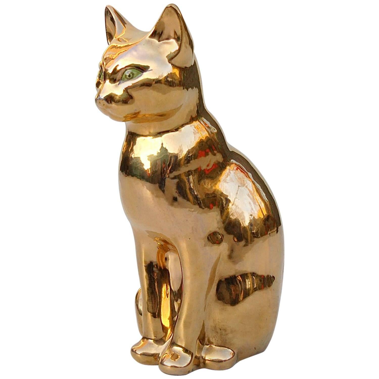 Late 20th Century Ceramic Cat with Gold Colored Glaze For Sale