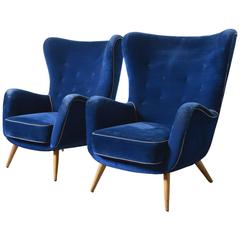 Vintage Set of two Large Italian Blue Velvet Wing Back Easy Chair, by Melchiorre Bega