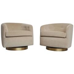 Pair of Milo Baughman Swivel Chairs on Brushed Bronze Bases