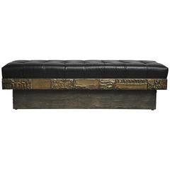 Paul Evans Sculpted Bronze Bench with New Black Leather