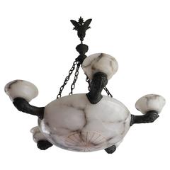 Large Early 1900s Five-Arm Alabaster Pendant Chandelier Great Shape and Color