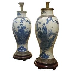 Pair of 19th Century Blue and White China Lamps