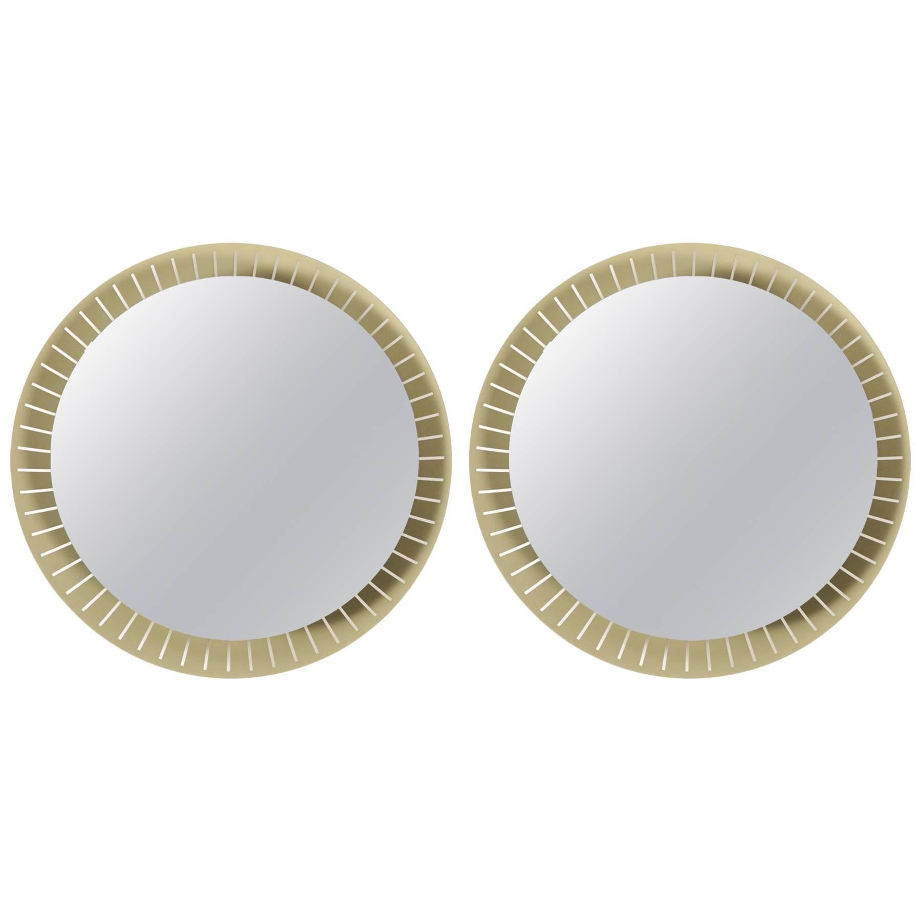 1960s Pair of Large Round Back-Lit Mirror, Gilded Metal Frame