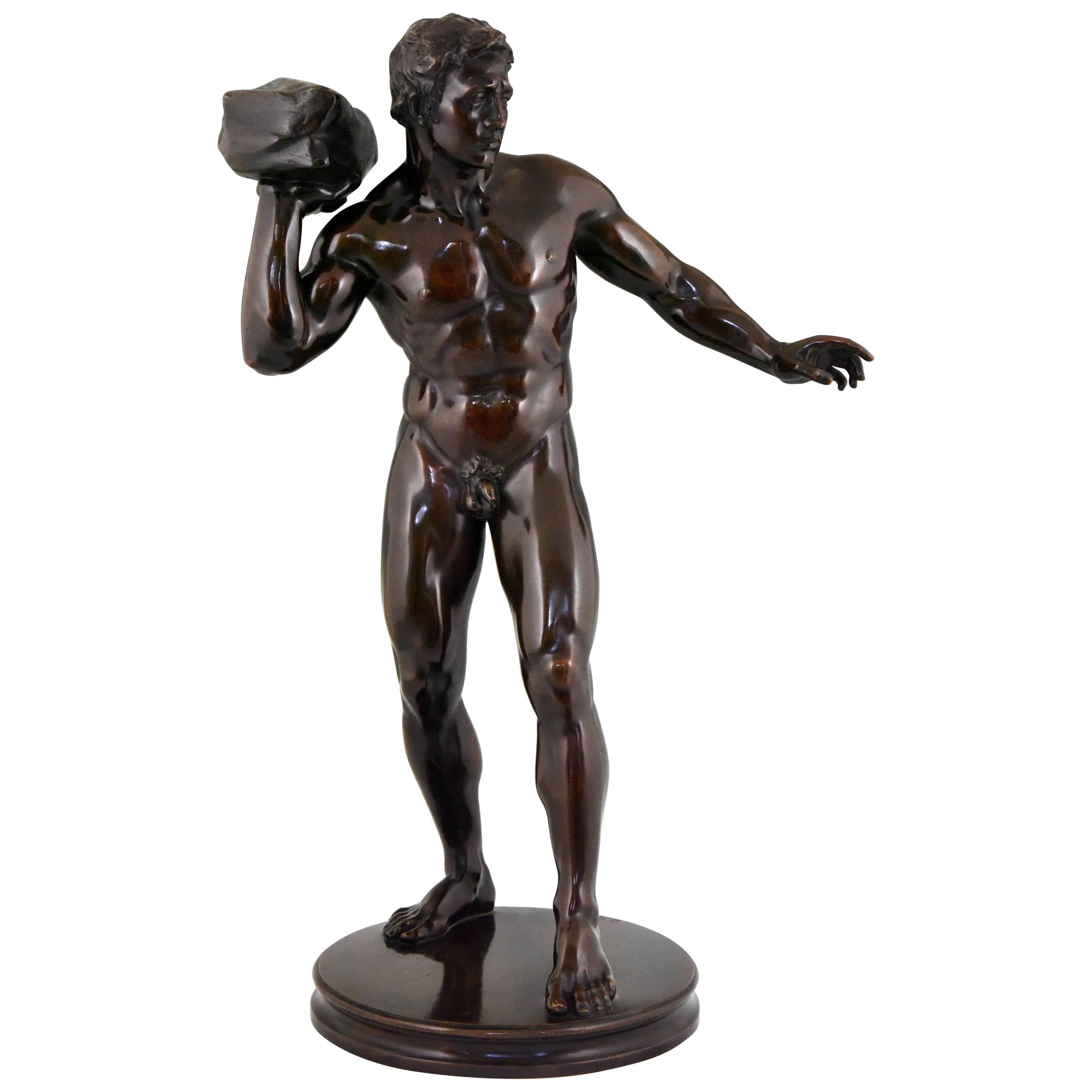 Antique Sculpture of a Male Nude Athlete Georg Kemper H. 34 inch Germany, 1900