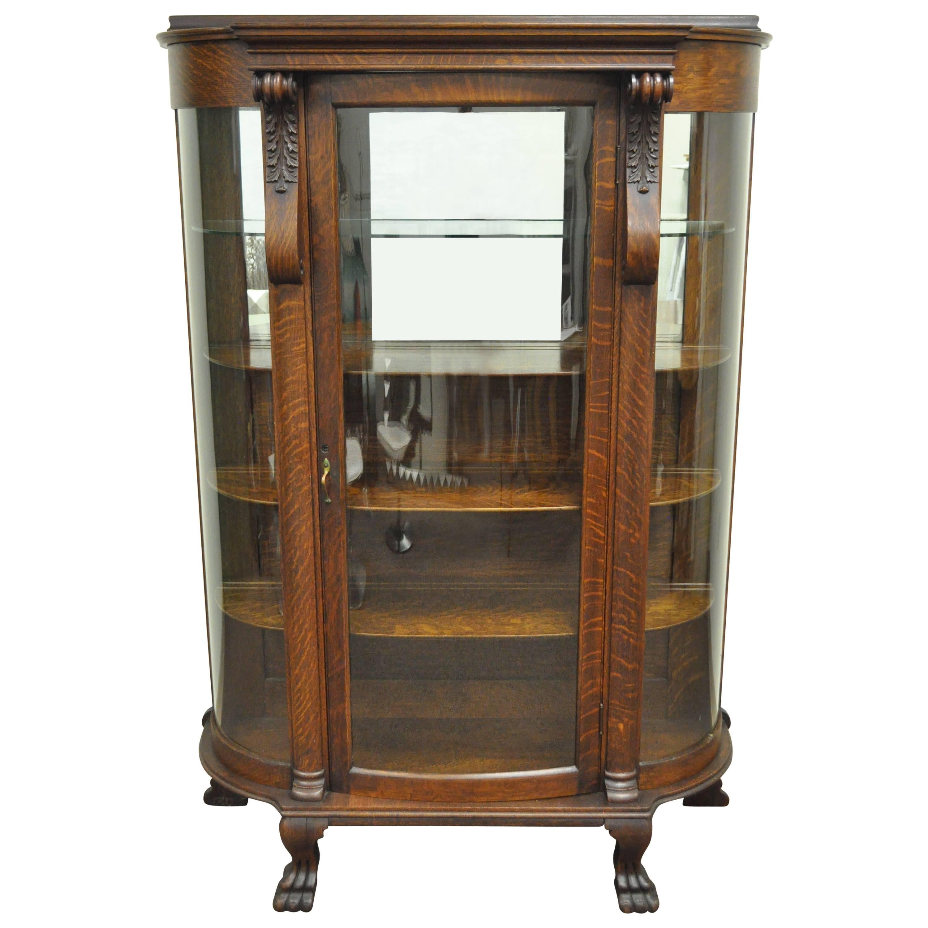 Antique Tiger Oak Bow Front Curved Glass and Mirror Curio Display China Cabinet