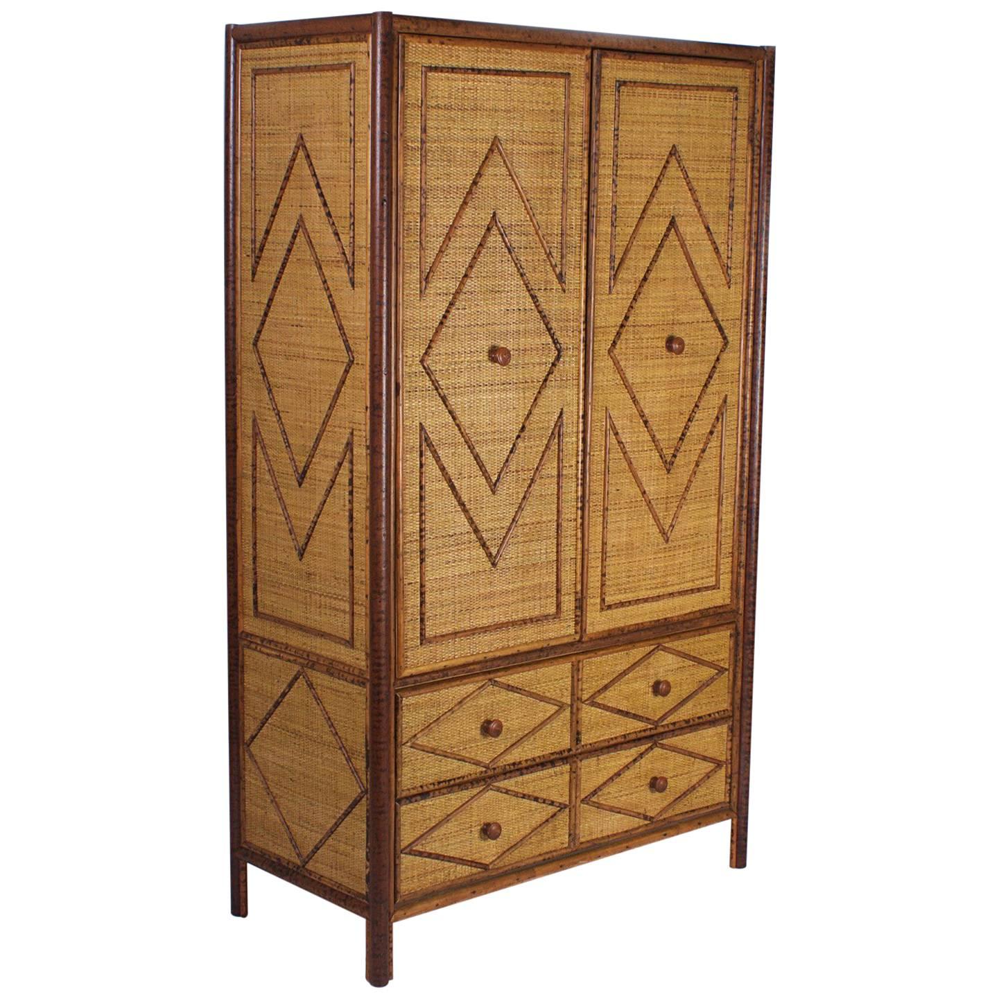 Mid-Century Faux Bamboo and Grass Cloth Armoire
