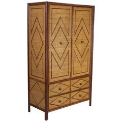 Vintage Mid-Century Faux Bamboo and Grass Cloth Armoire