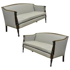 Pair of Old Hickory Tannery Grey Leather Sheraton Federal Loveseats Settees