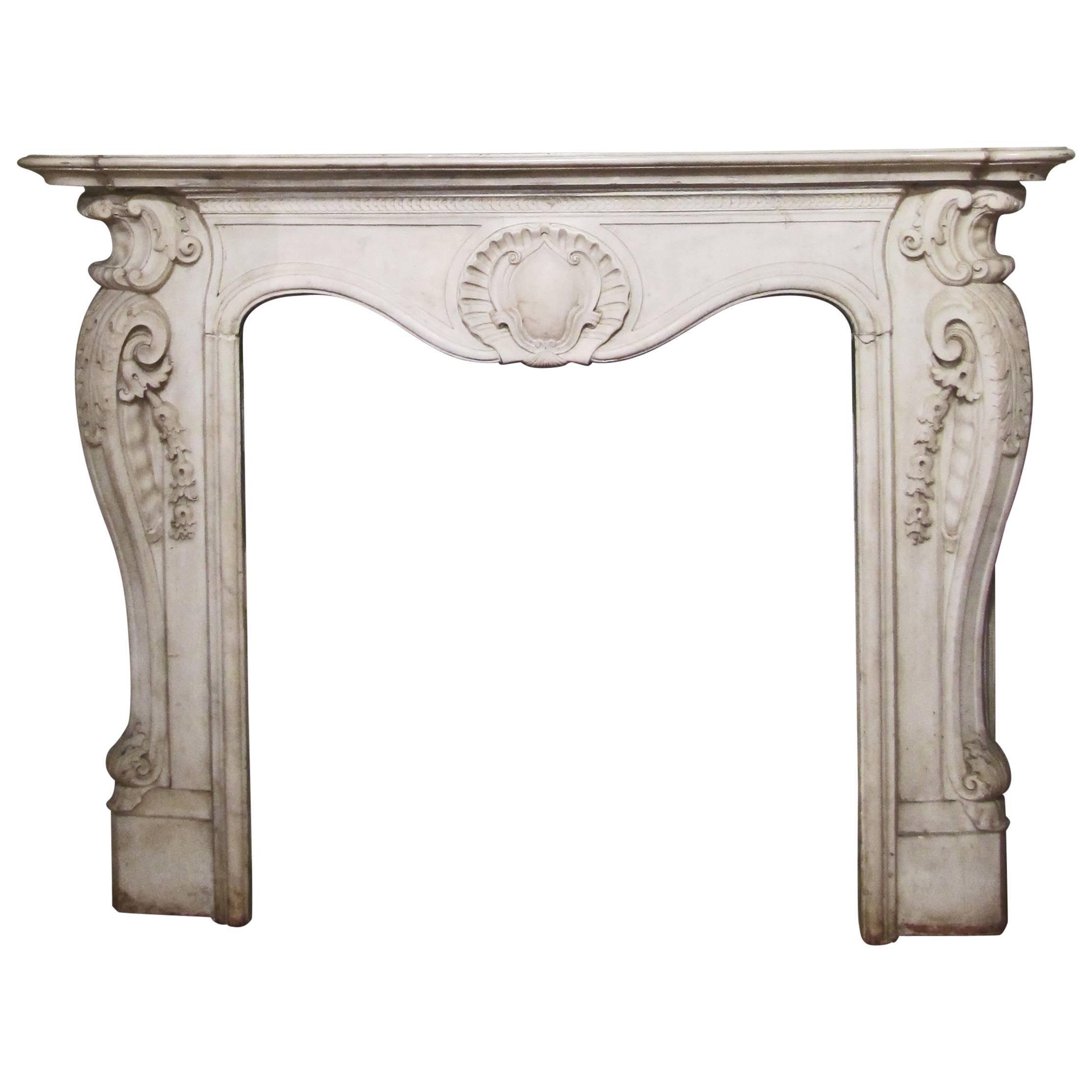 Italian 19th Century White Carrara Marble Louis XV Fireplace