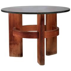 Round Studio Side Table with Solid Old Oak Legs and Original Glass Top, Sweden