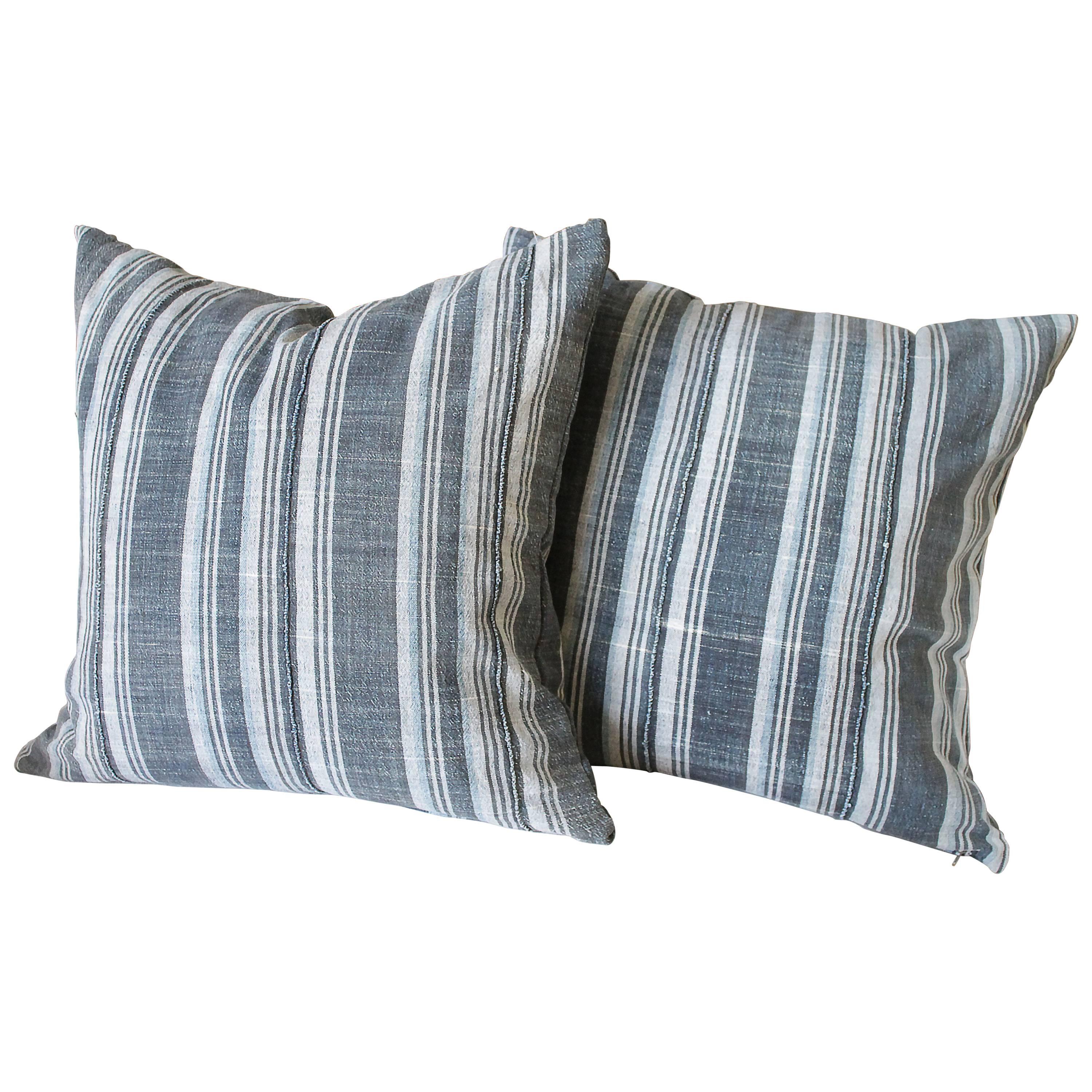 Vintage Indigo Stripe Accent Pillows with Down Insert