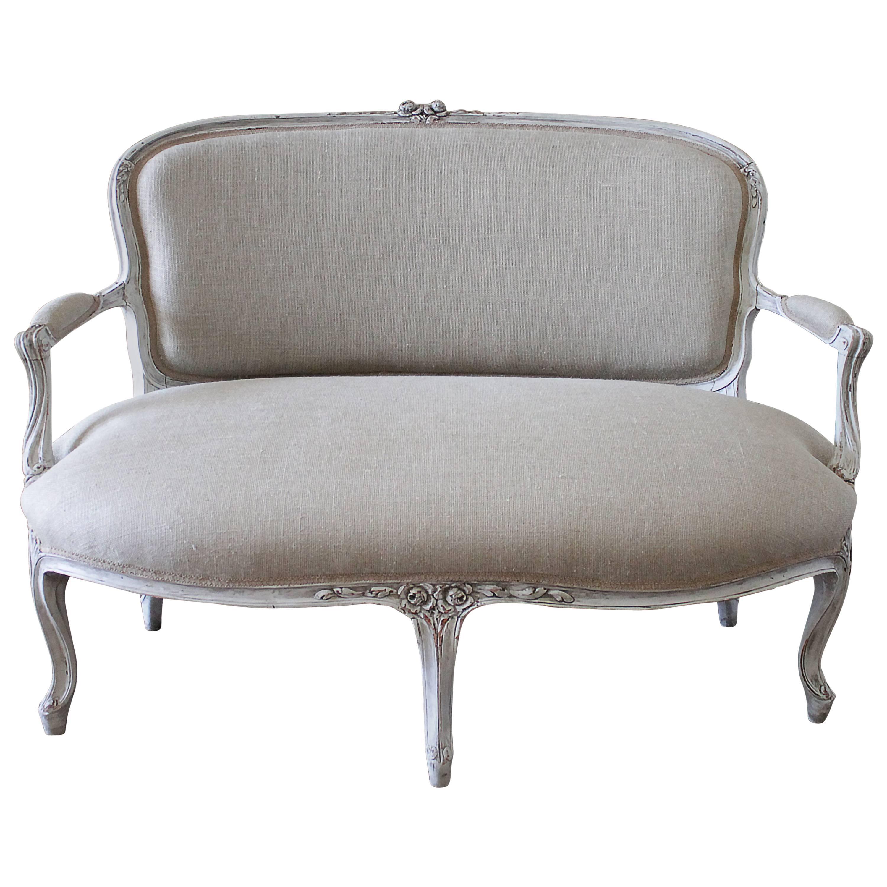 19th Century French Country Hand-Carved Settee in Linen