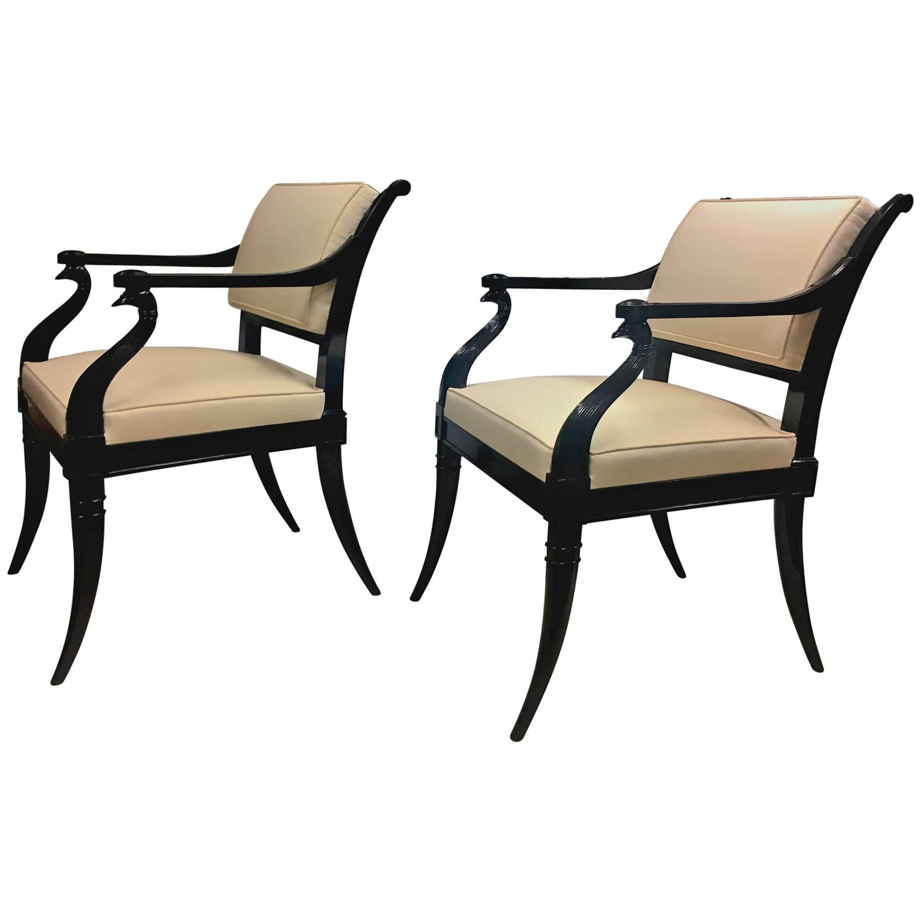 Maison Jansen Chicest Black Neoclassic Exceptional Pair of Armchairs For Sale