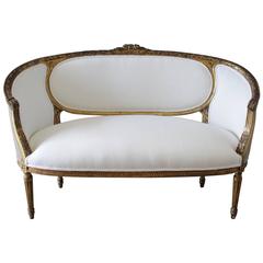 Antique Giltwood Louis XVI Style Settee in White Linen