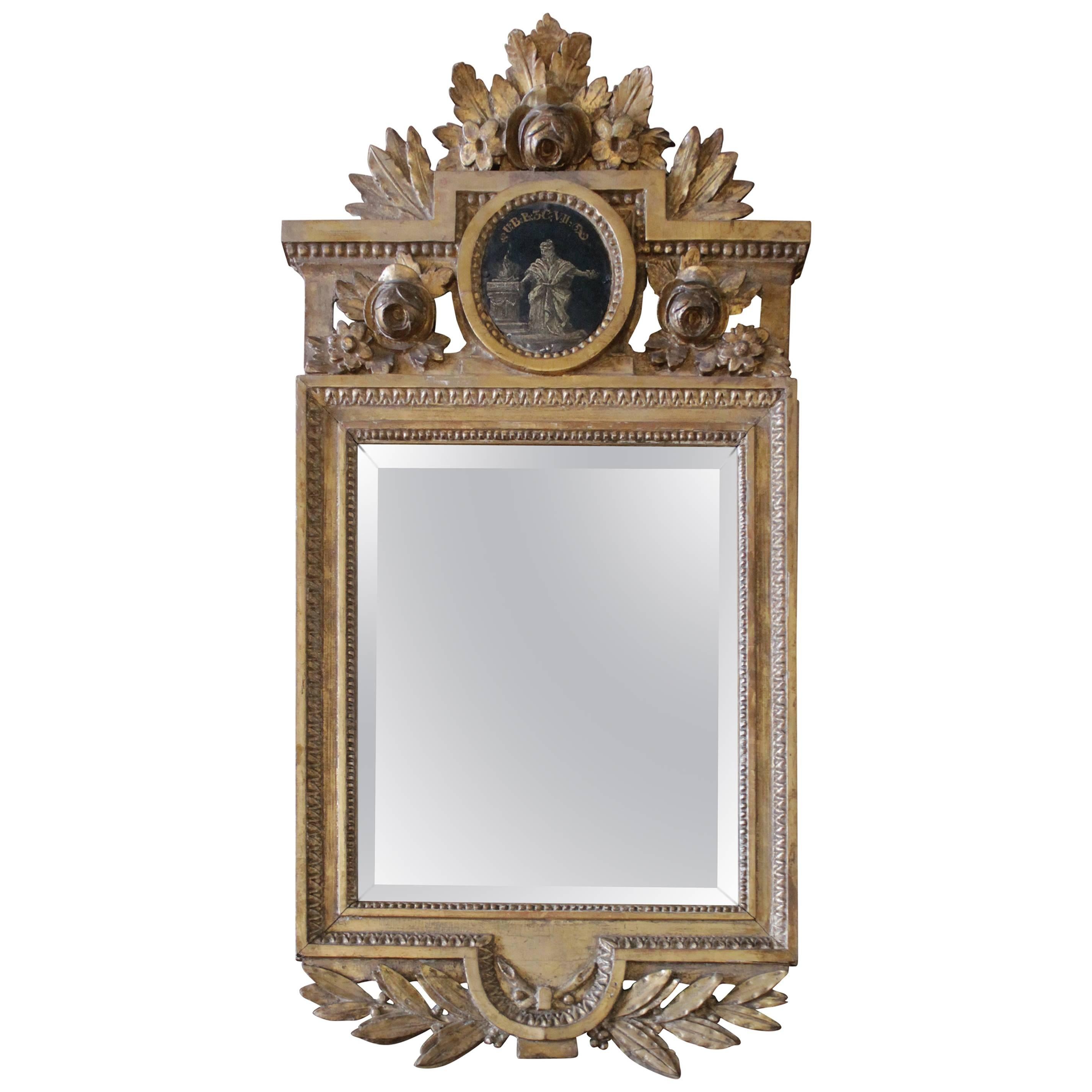 Antique French Giltwood and Gesso Mirror with Hand Painting