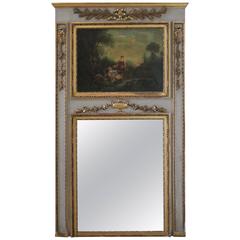 19th Century Antique French Trumeau Mirror with Oil Painting