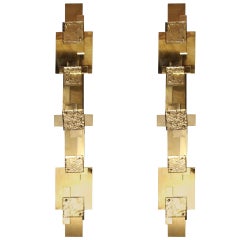 Pair of Long Reggiani Style Sculpture Polished Brass Wall Light or Sconces