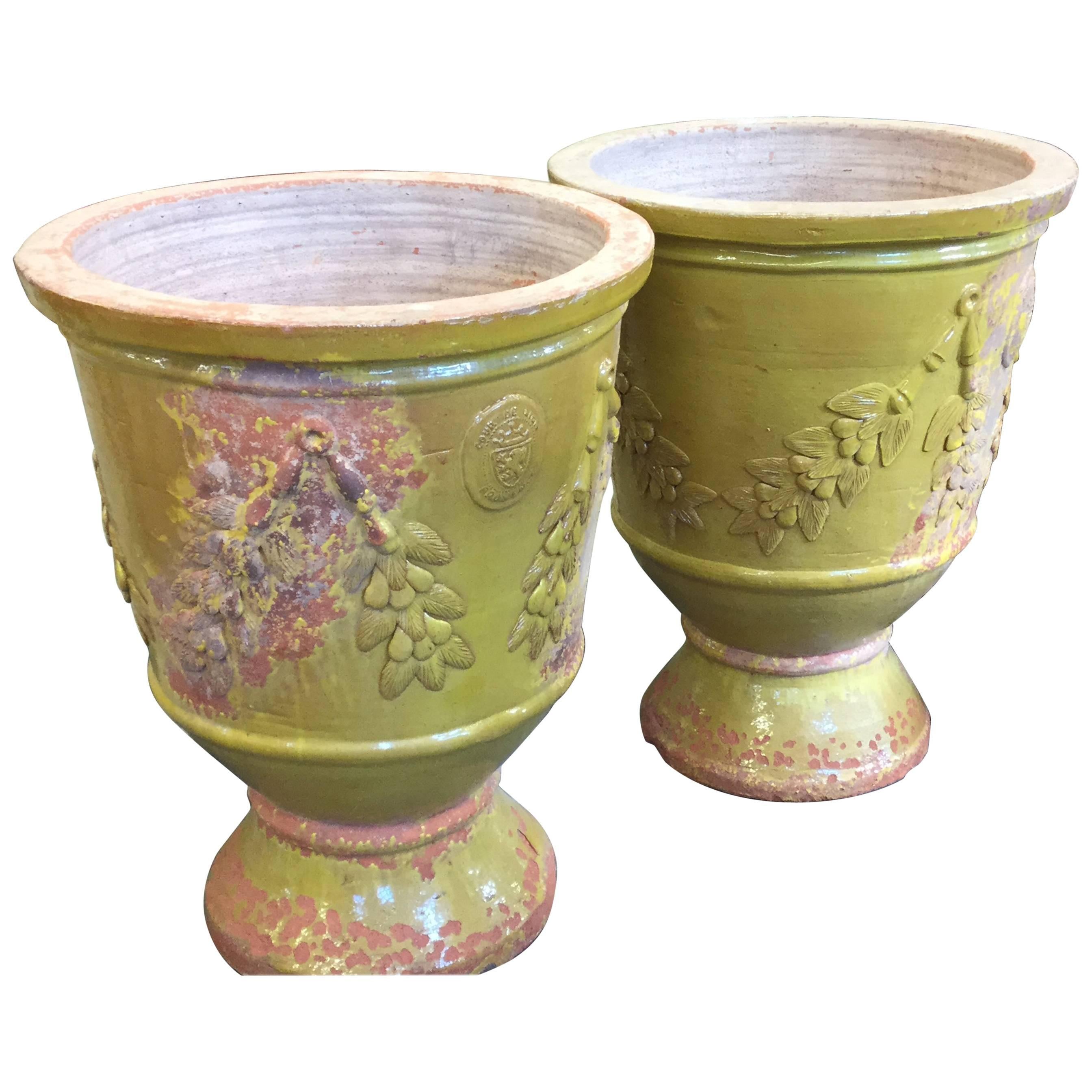 Pair of Large French Urns Yellow Glaze For Sale
