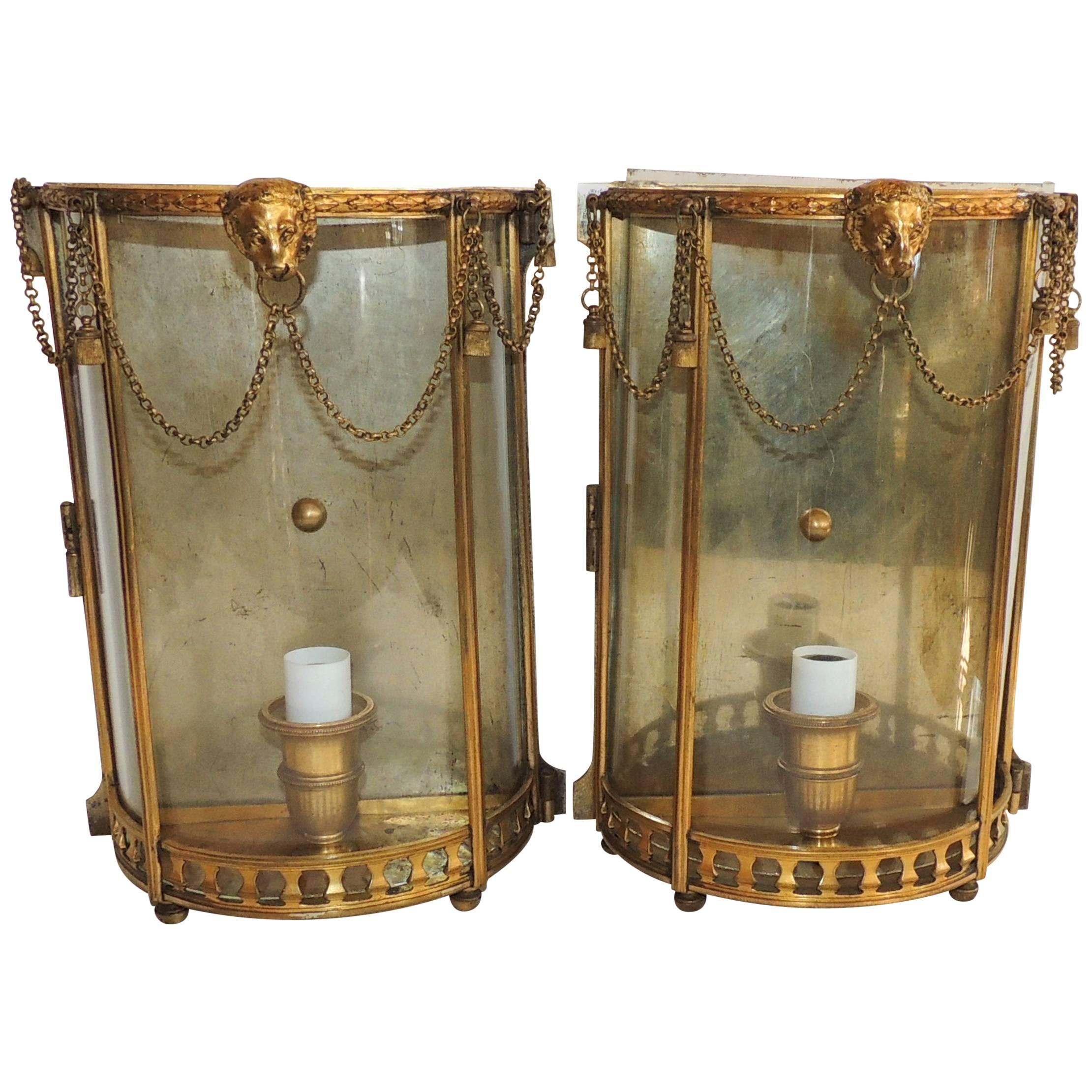 Handsome French Pair Neoclassical Lion Glass Tassel Swag Caldwell Wall Sconces