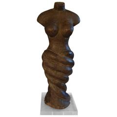 French Carved Wood Female Torso Sculpture on a Lucite Base