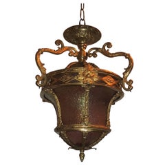 Elegant Neoclassical Bronze Lion Head Art Glass Regency Lantern Pendent Fixture