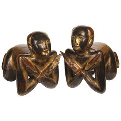 19th century asian teak wood sculpture of boys over sized