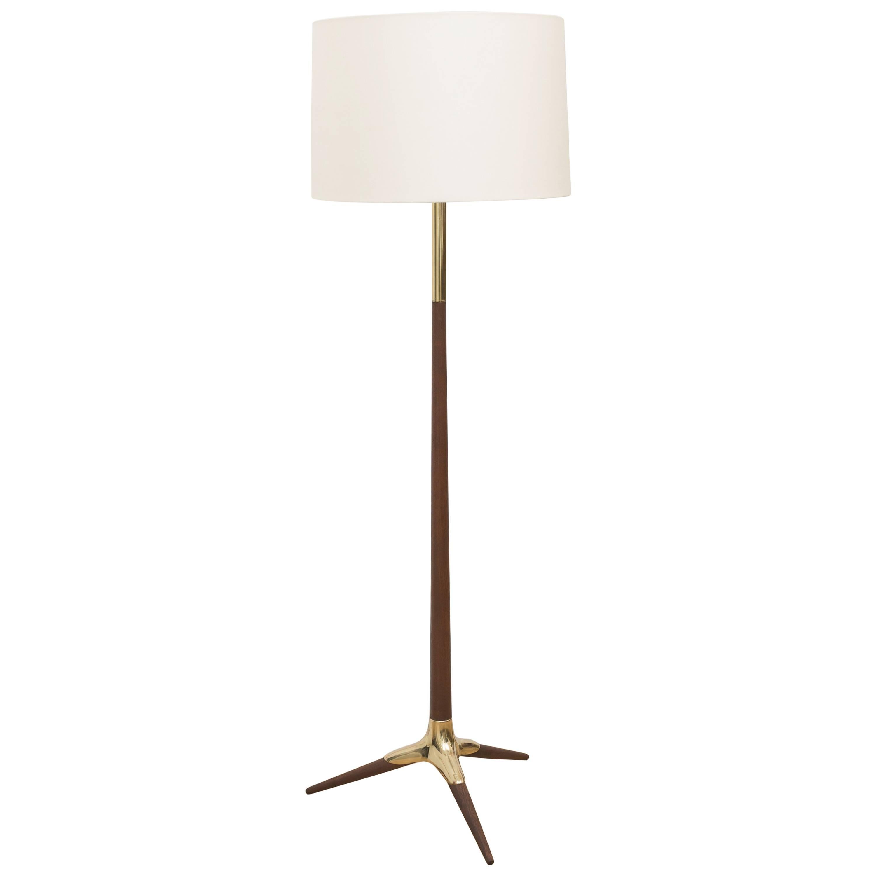 Walnut and Brass Floor Lamp For Sale