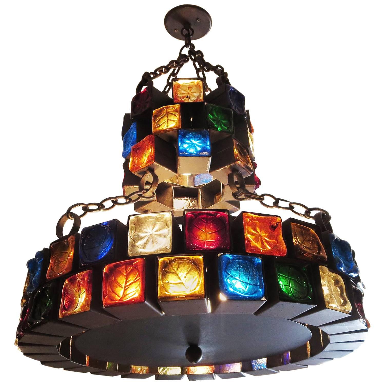 Multi-Colored Glass Brutalist Chandelier by Feder