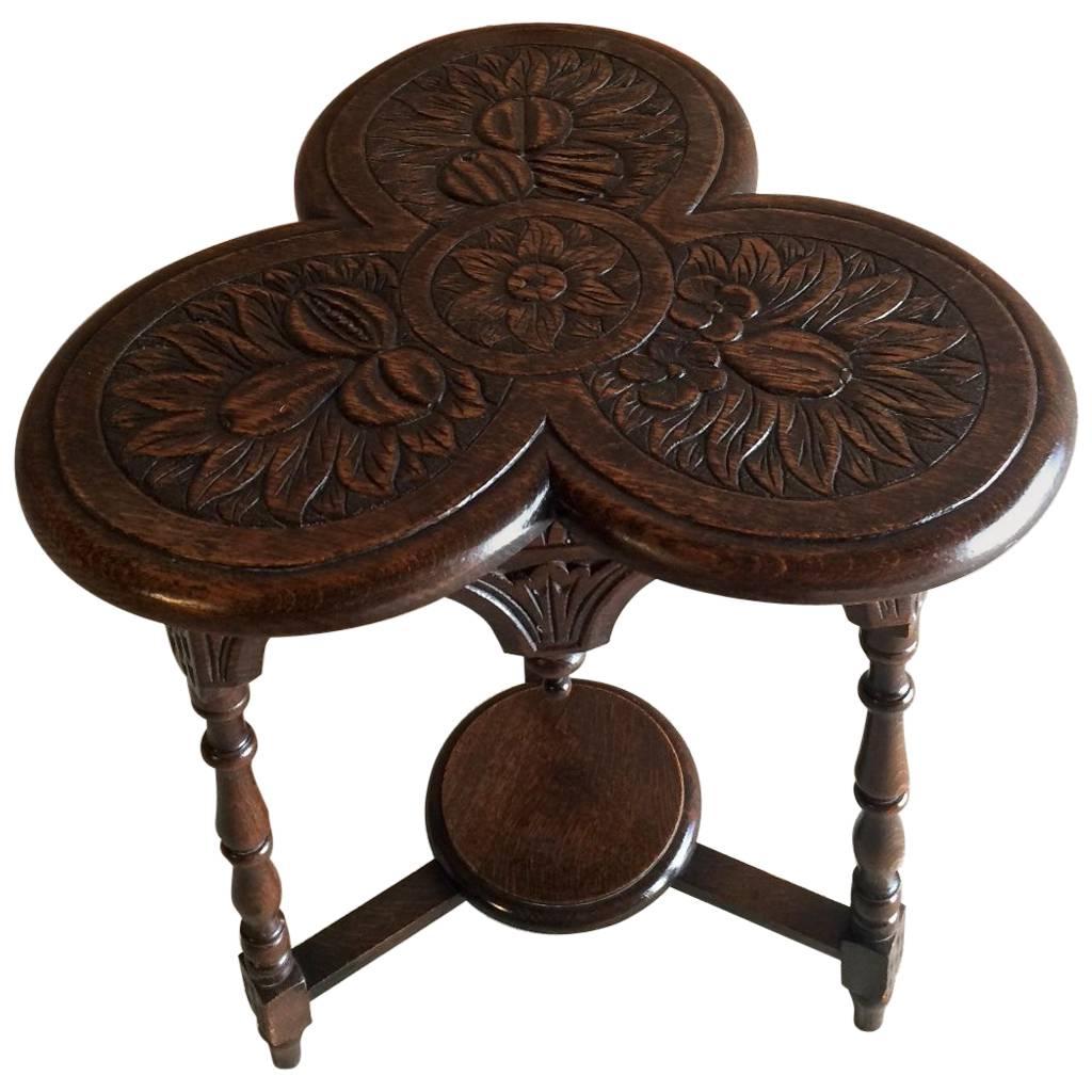 Small Carved Solid Oak Victorian Trefoil Table, 19th Century