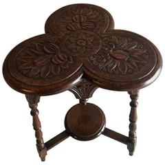 Antique Small Carved Solid Oak Victorian Trefoil Table, 19th Century