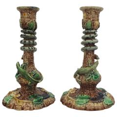 Paire de chandeliers en majolique du XIXe siècle en forme de serpent de Palissy & Lézard Thomas Sergent