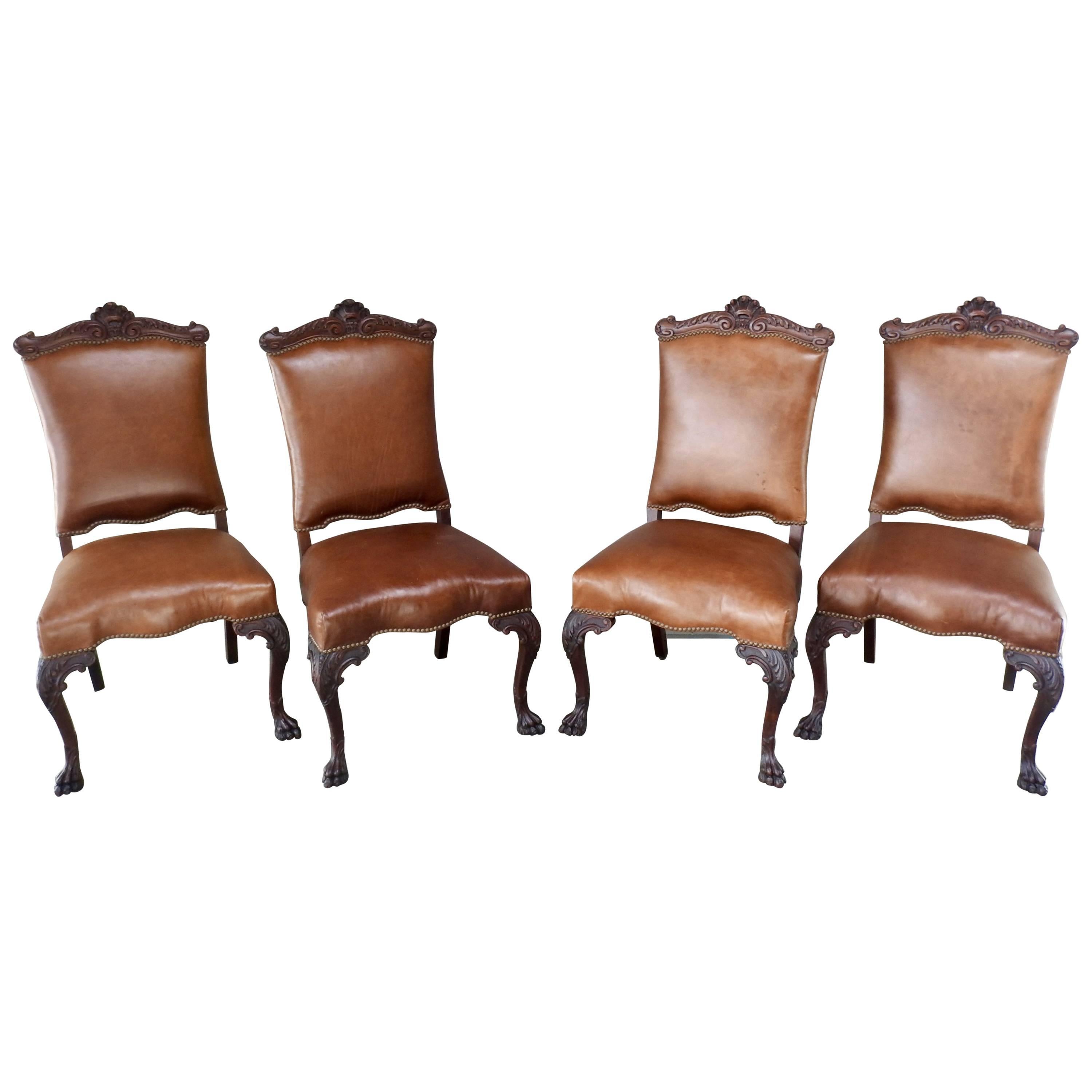 Set of Four American Hairy Paw Chairs with Leather Early 19th Century