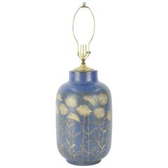 Etched Blue-and-gold, Glazed Floral-Patterned Ceramic Italian Lamp after Fantoni