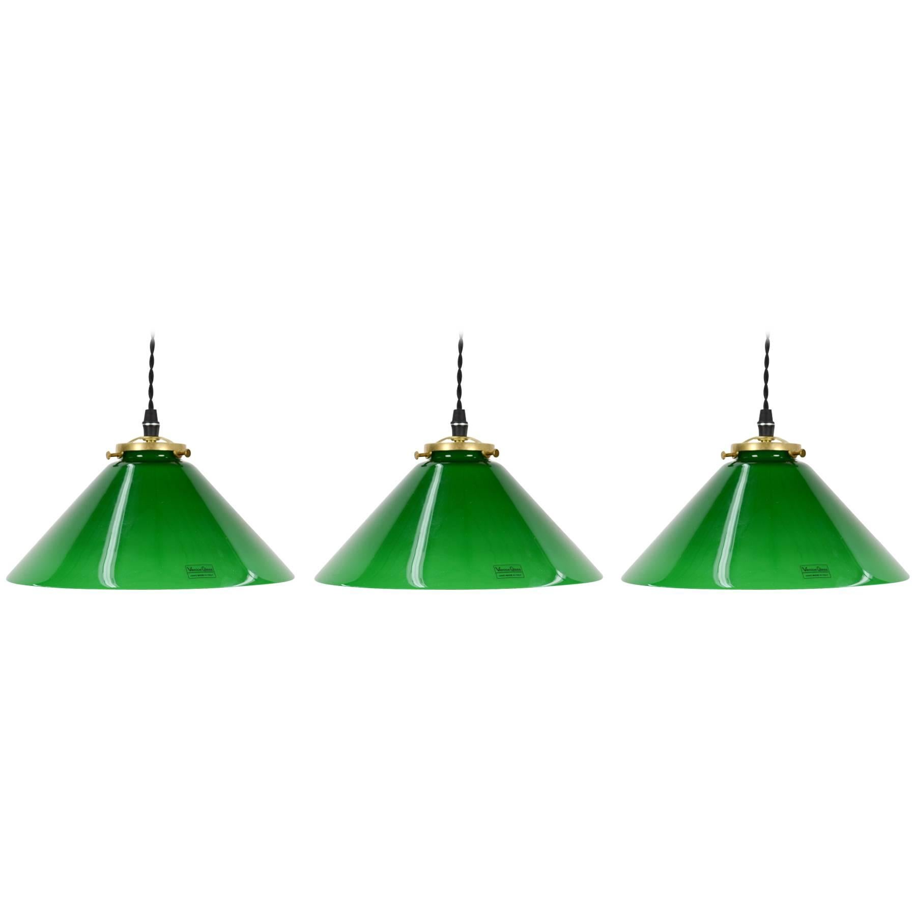 Trio of Venetian Green Glass Pendant Lamps with Dimmer Sockets