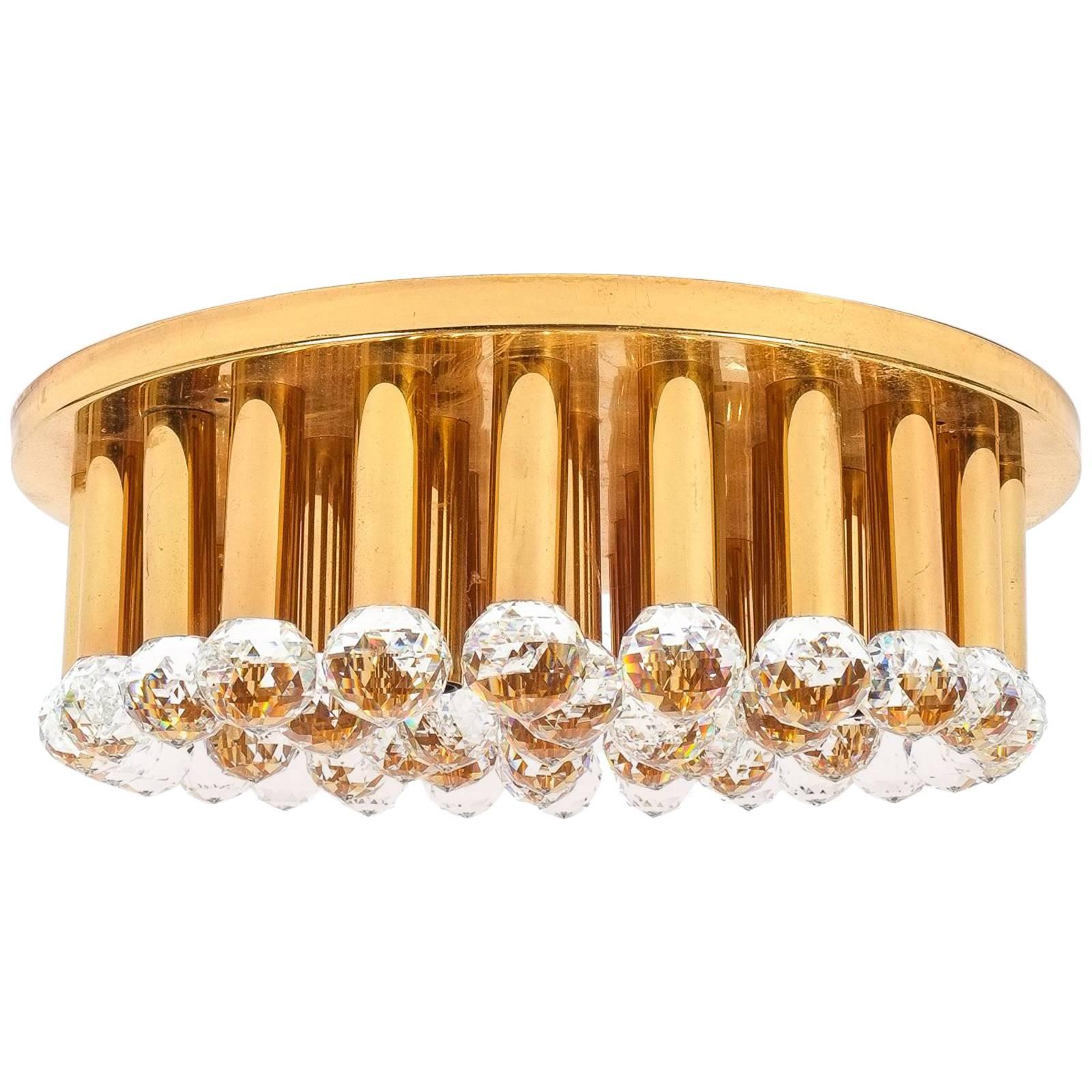 Beautiful Gold Palwa Brass and Crystal Cut Glass Flush Mount Ceiling Lamp, 1970