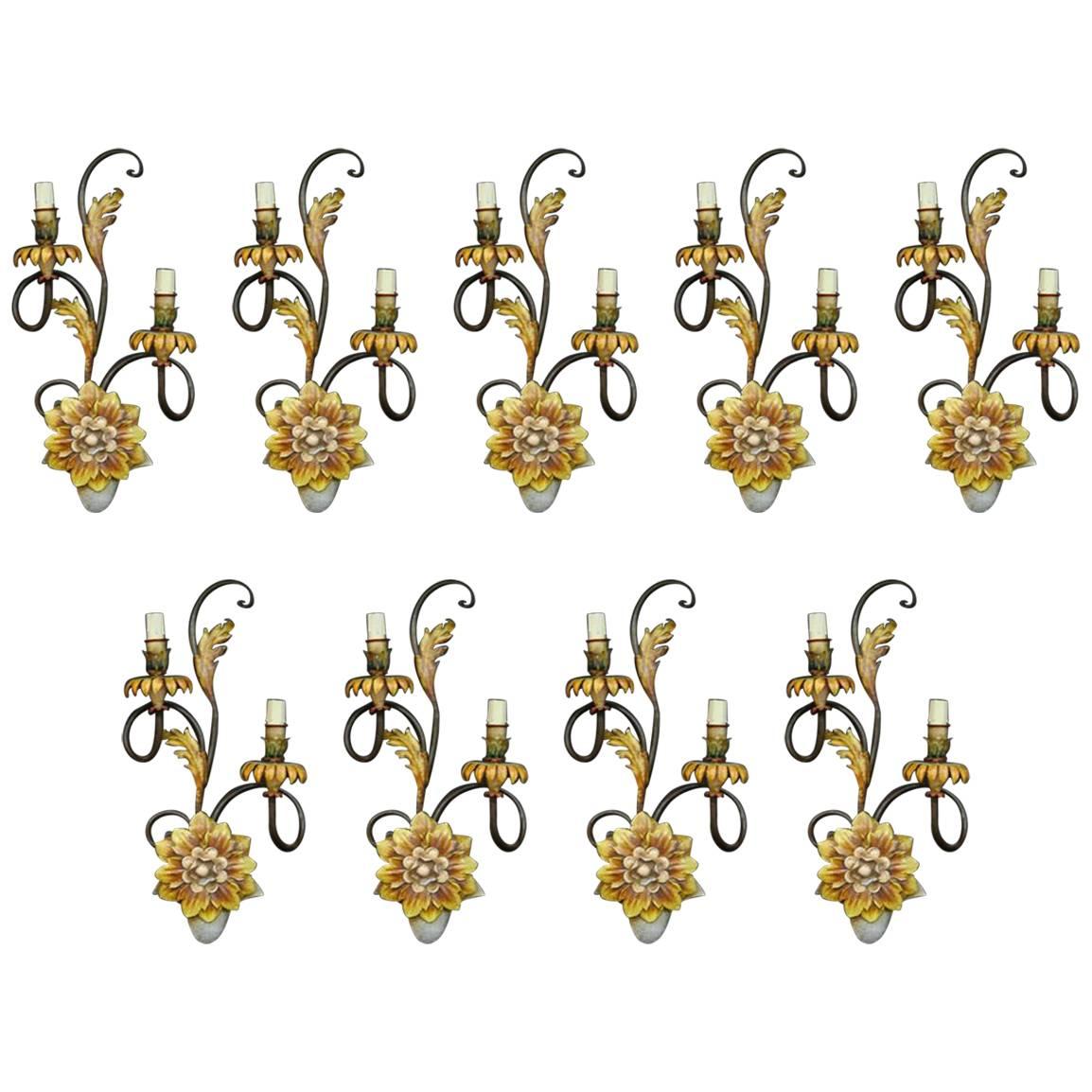 Set of Nine Lacquered Wrought Iron Sconces with Two Lights