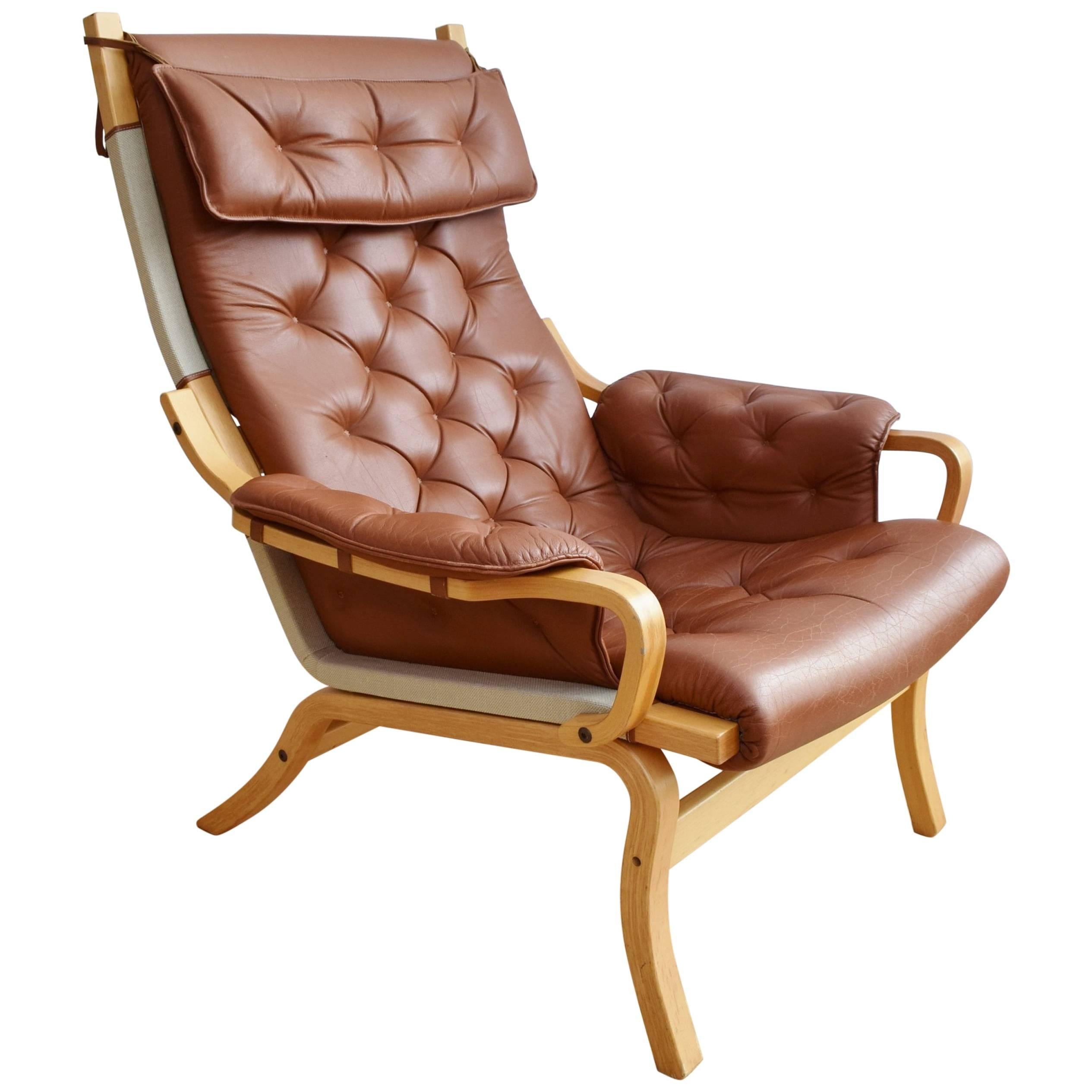 Vintage Danish Tan Leather Buttoned Bentwood and Canvas Armchair, 1960s For Sale