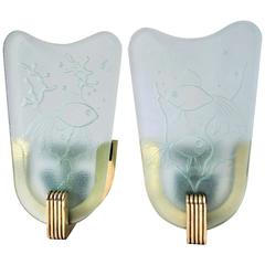 Pair of Art Deco Wall Sconces in Brass and Clear Frosted Glass with Fish, 1930s
