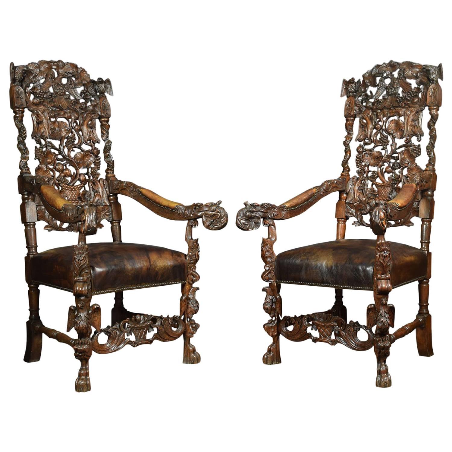 Monumental Pair of Victorian Carved Oak Throne Armchairs