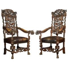 Monumental Pair of Victorian Carved Oak Throne Armchairs