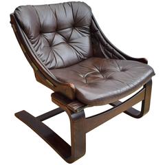 Mid-Century Retro Danish Beechwood Brown Leather Easy Lounge Chair, 1960s-1970s