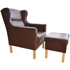 Mid-Century Danish Brown Leather Borge Mogensen Style Armchair and Footstool