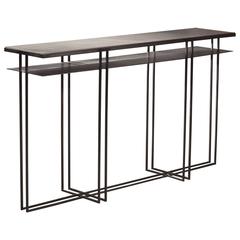 Cross Binate Art Deco Minimal Metal Console Table with Slate and Brass