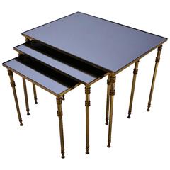 Maison Jansen Nesting Tables a Trio Brass Frames and Blue Mirror, 1950s, French
