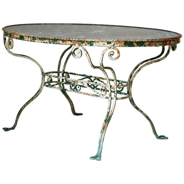 French 1920s Oval Wrought-Iron and Marble Table For Sale