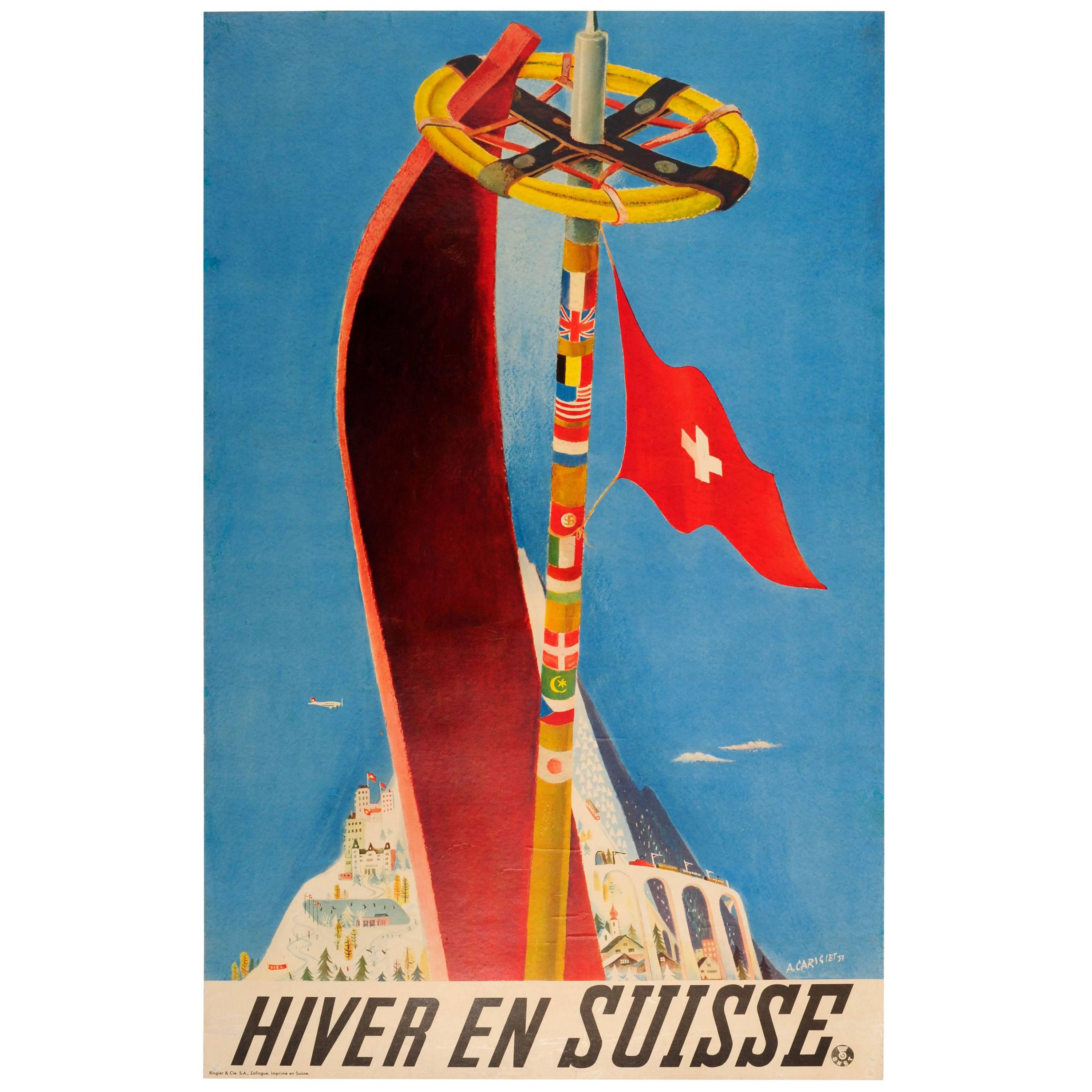 Original Vintage Swiss Railways Winter Sport and Skiing Poster "Hiver En Suisse"