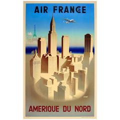 Original Retro Air France Travel Poster Advertising America, Amerique Du Nord