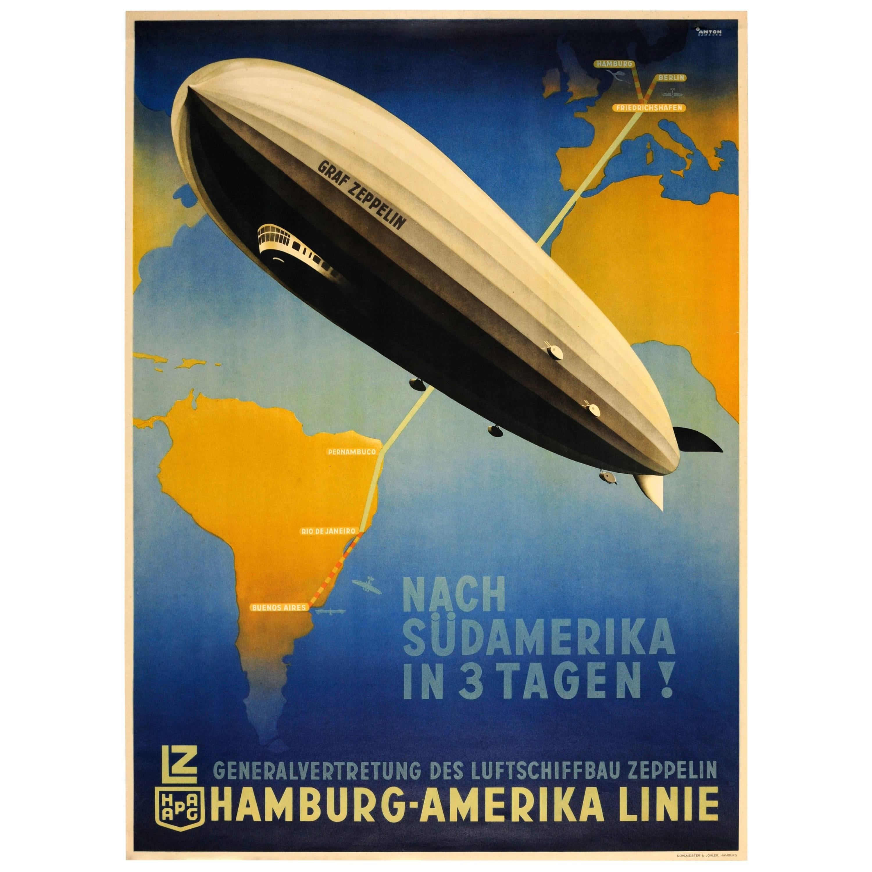 Original Hamburg America Line Poster "Graf Zeppelin to South America in 3 Days!"