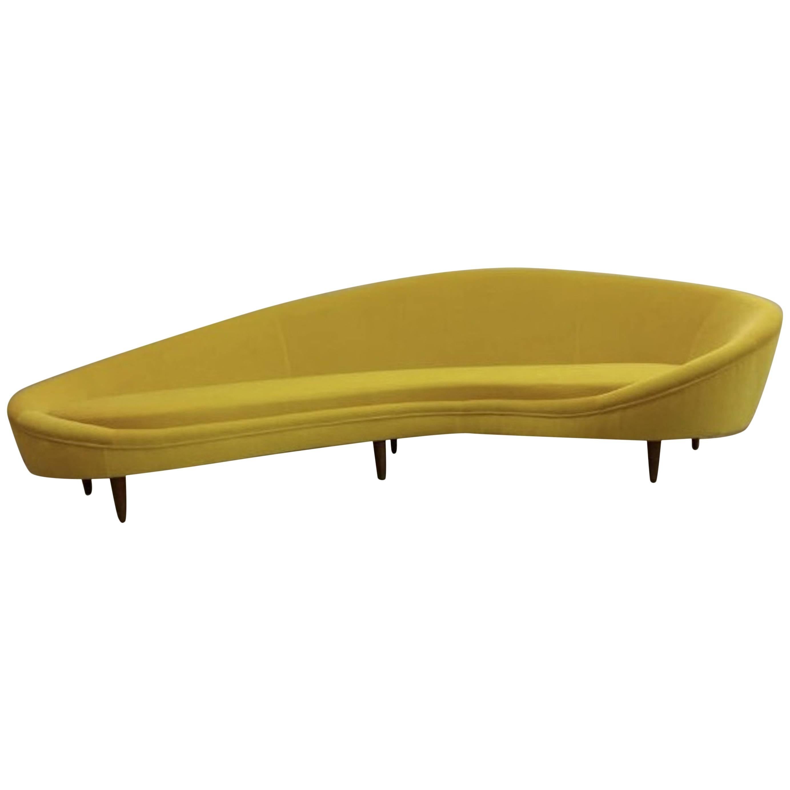 Huge Italian Yellow Velvet Sofa in the Style of Ico Parisi